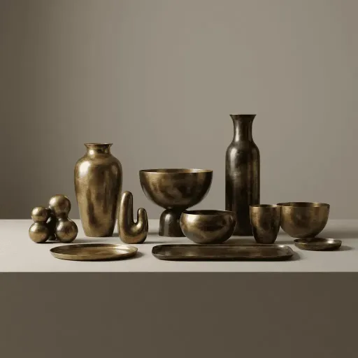 Arrangement handveredelter Metallobjekte: Vasen, Schalen und Tabletts in Messing
